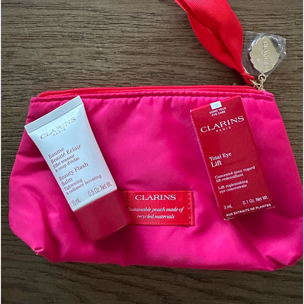 Clarins Bundle - Pink Makeup Bag, Total Eye Lift, Beauty Flash Balm NEW